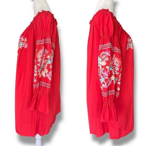 Free People Fleur Du Jour Floral Embroidered Red Off-Shoulder Mini Dress - Picture 9 of 16